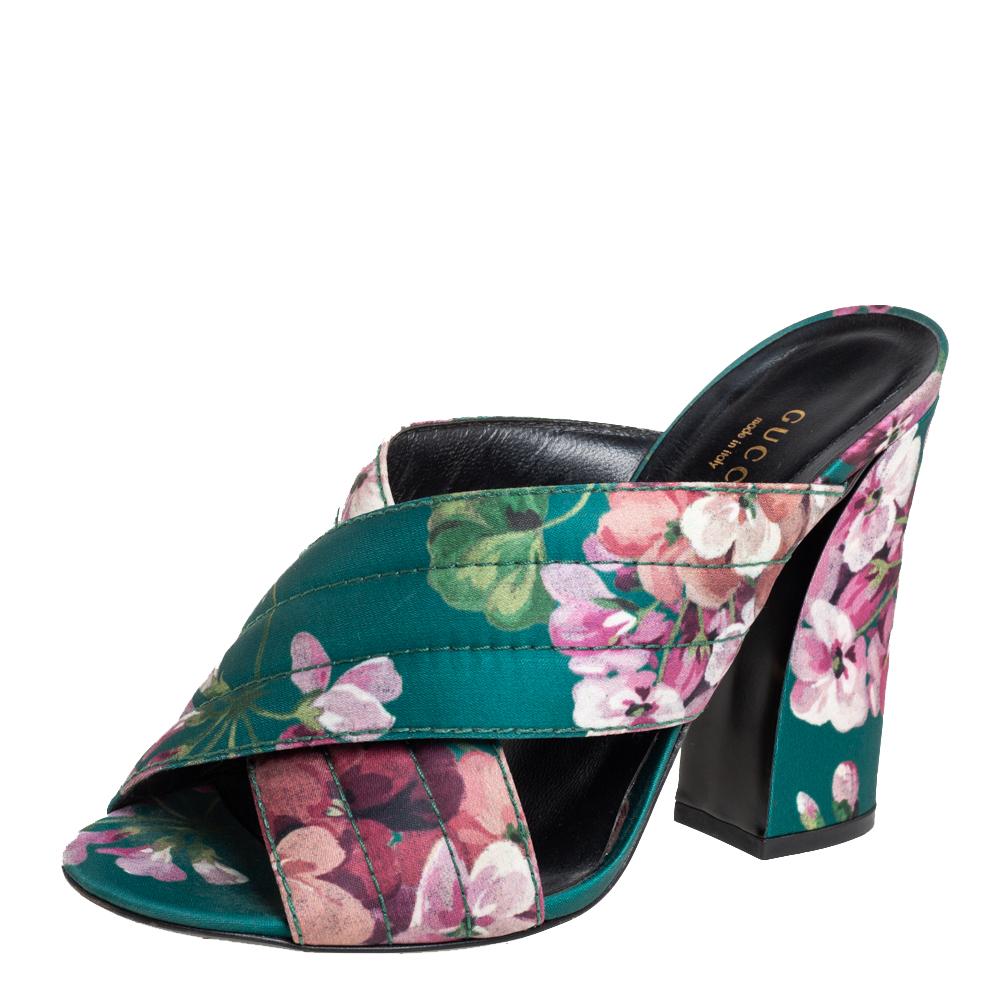 Gucci Green Floral Satin Crossover Mules Sandals Size 39 1
