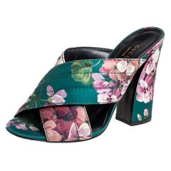 Gucci Green Floral Satin Crossover Mules Sandals Size 39