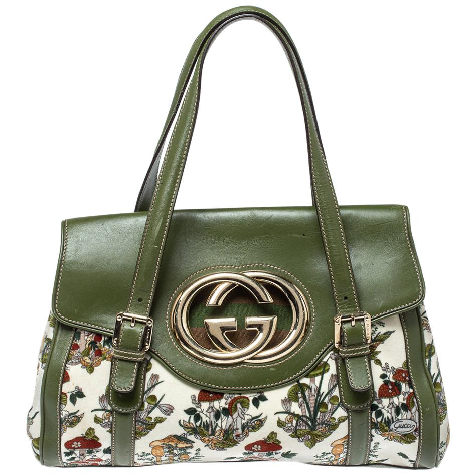 Gucci Green Floral Velvet and Leather Interlocking G Flap Shoulder Bag