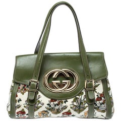 Gucci Green Floral Velvet and Leather Interlocking G Flap Shoulder Bag