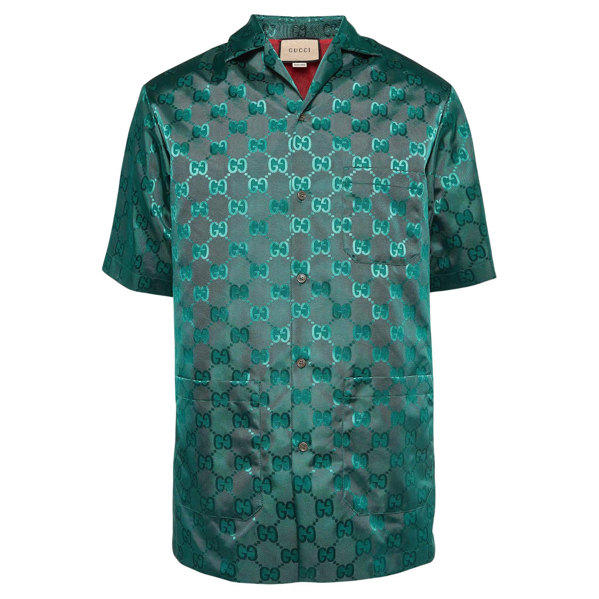 Gucci Green GG Jacquard Nylon Bowling Shirt S For Sale