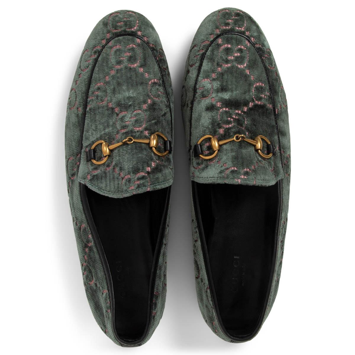 GUCCI green GG JACQUARD VELVET JORDAAN Loafers Flats Shoes 39.5 In Excellent Condition In Zürich, CH
