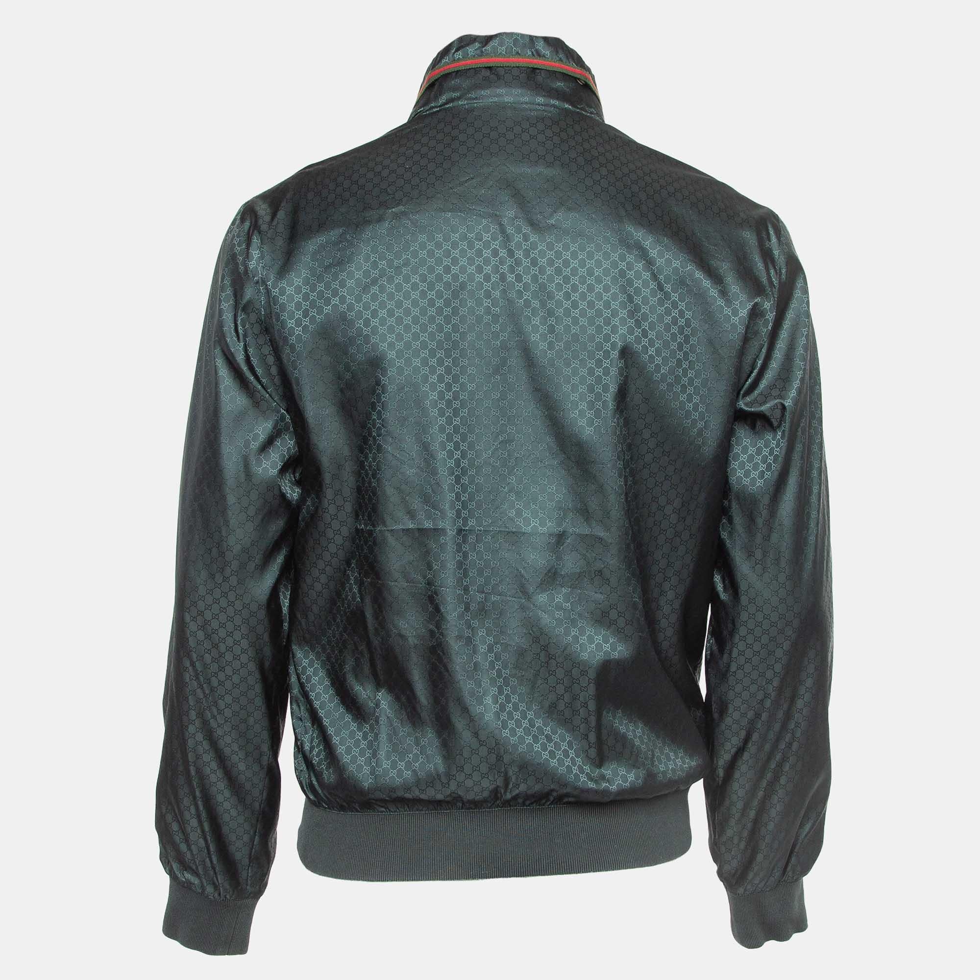 An elegant silhouette, smart fit, and perfect tailoring make this Gucci men's jacket a fine choice. It is made of quality materials, secured with front zip closure, and added with two pockets. 