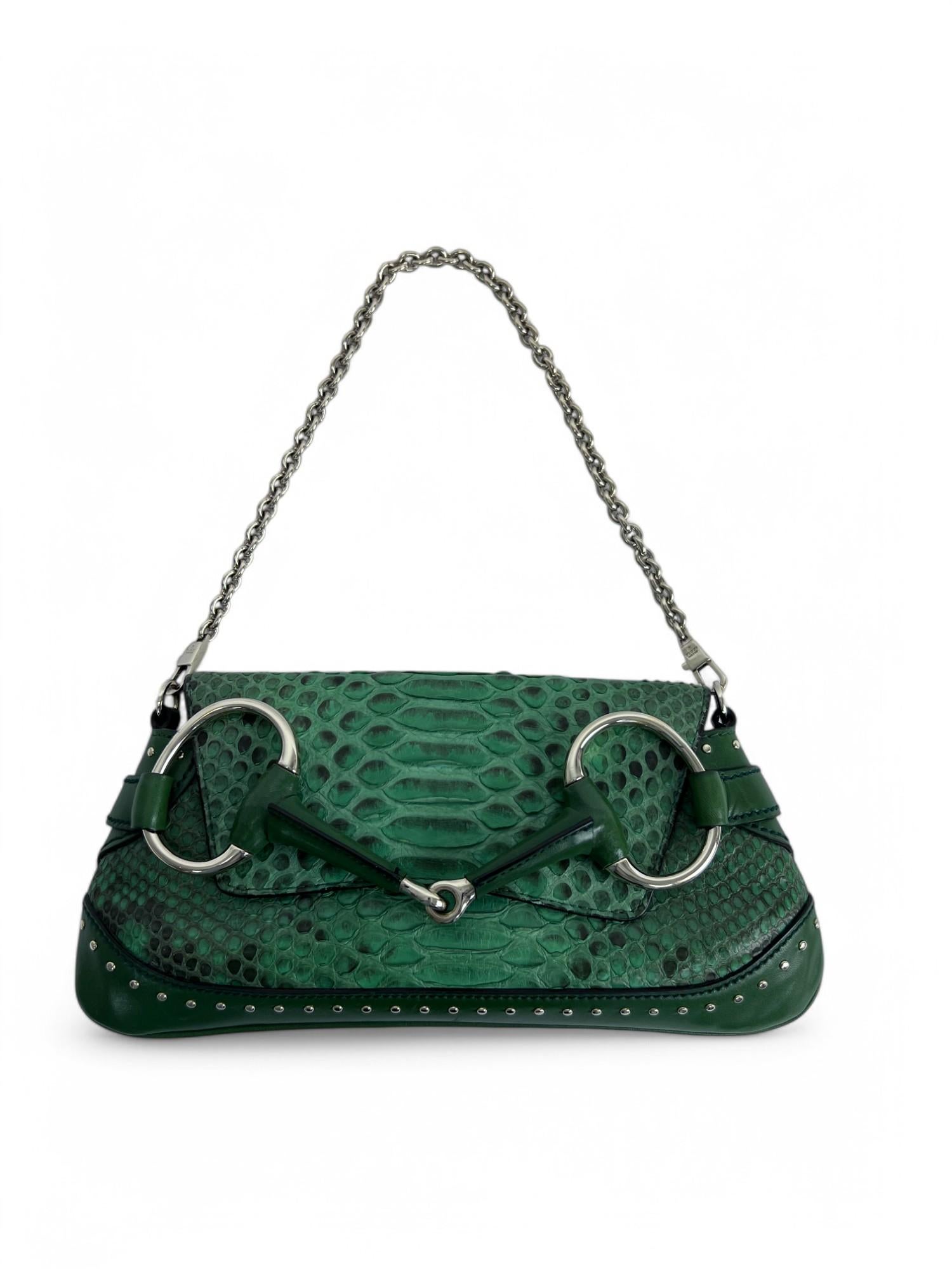 Tom Ford for Gucci 2004 Green GG Python Horsebit Chain Clutch 1