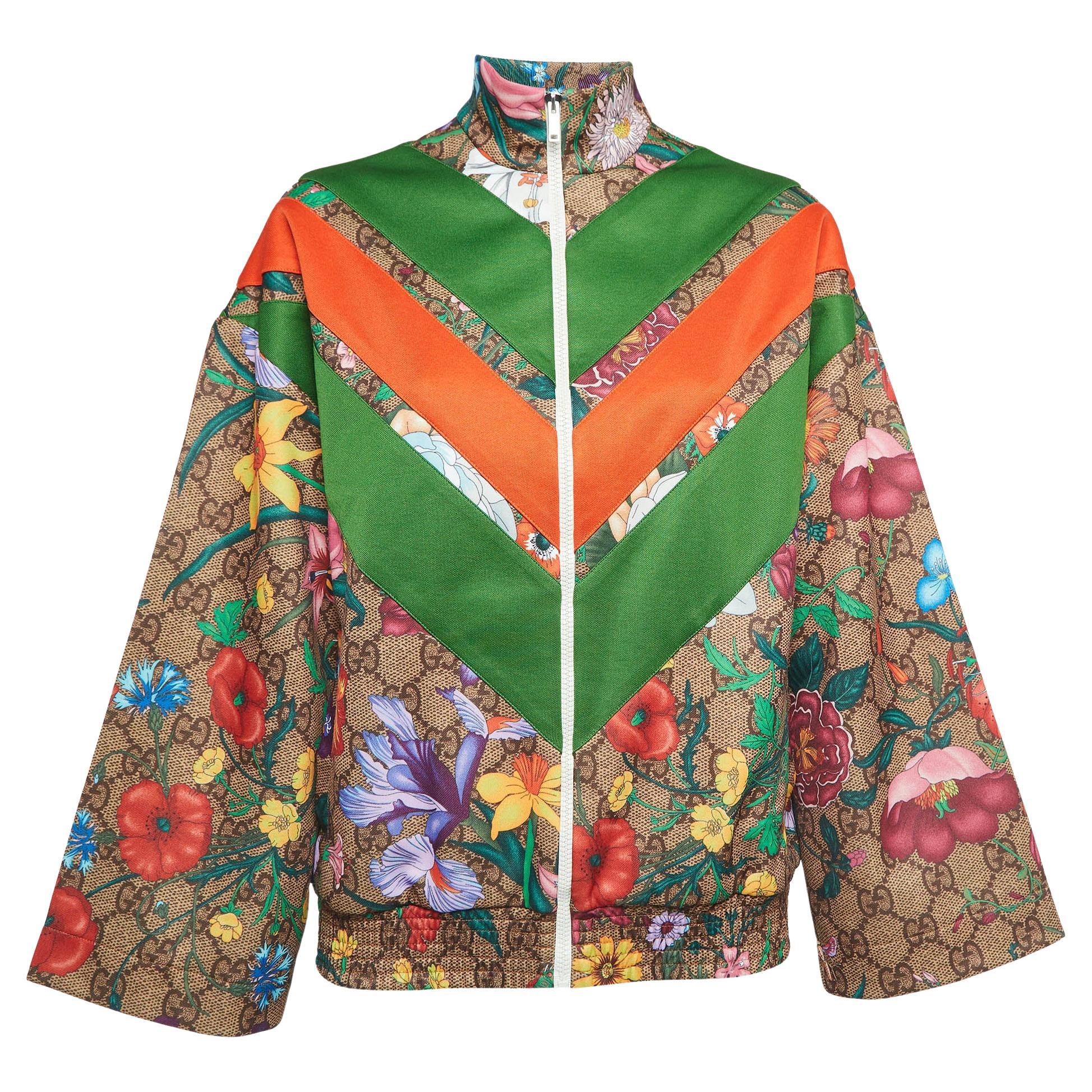 Gucci Green GG Supreme floral Print Knit Zipper Track Jacket XS
