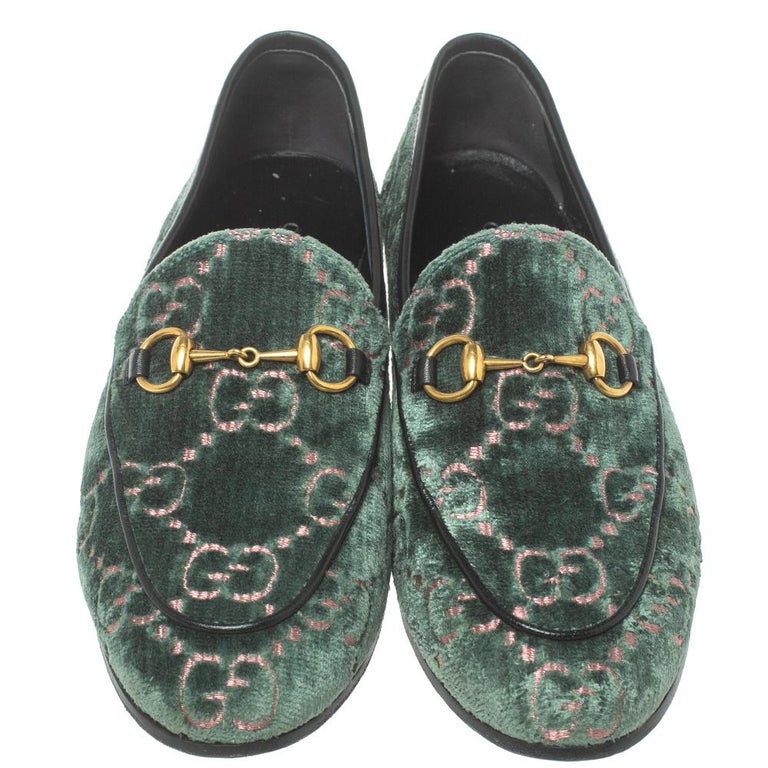 Gucci Green GG Velvet And Leather Jordaan Horsebit Loafers Size 37 at 1stDibs | green gucci loafers, gucci loafers green, jessica