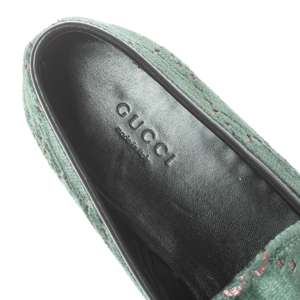 Gray Gucci Green GG Velvet And Leather Jordaan Horsebit Loafers Size 37