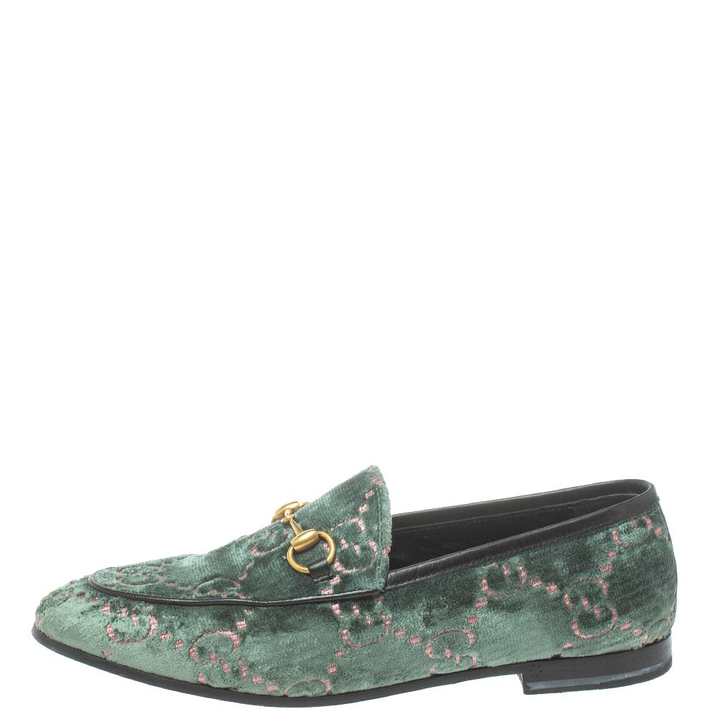 Gucci Green GG Velvet And Leather Jordaan Horsebit Loafers Size 37 In Good Condition In Dubai, Al Qouz 2