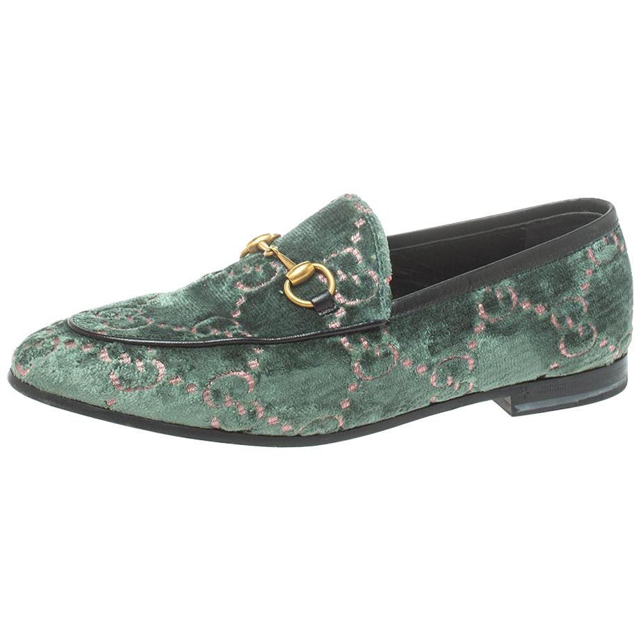 Gucci Green GG Velvet And Leather Jordaan Horsebit Loafers Size 37 