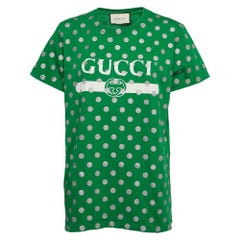 Gucci Green Glitter Polka Dot Logo Print Cotton Crew Neck T-Shirt XS Gucci Green Glitter Polka Dot Logo Print Cotton Crew Neck T-Shirt XS