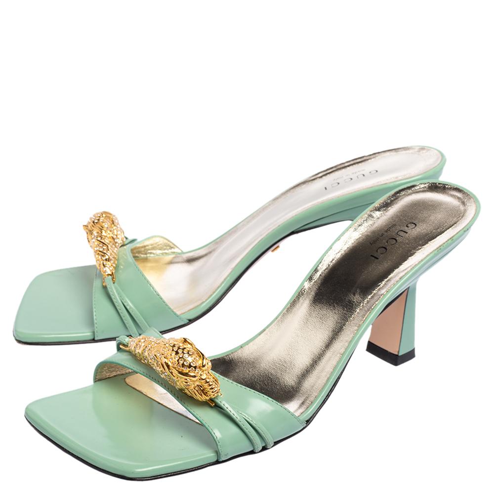 Gucci Green Glossy Leather Dora Open Toe Slide Sandals Size 37.5 In Good Condition In Dubai, Al Qouz 2