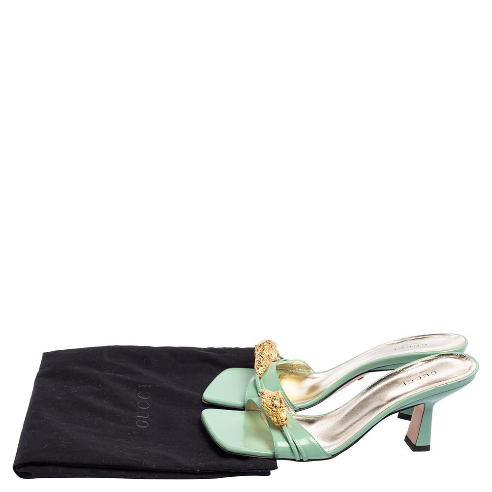 Women's Gucci Green Glossy Leather Dora Open Toe Slide Sandals Size 37.5