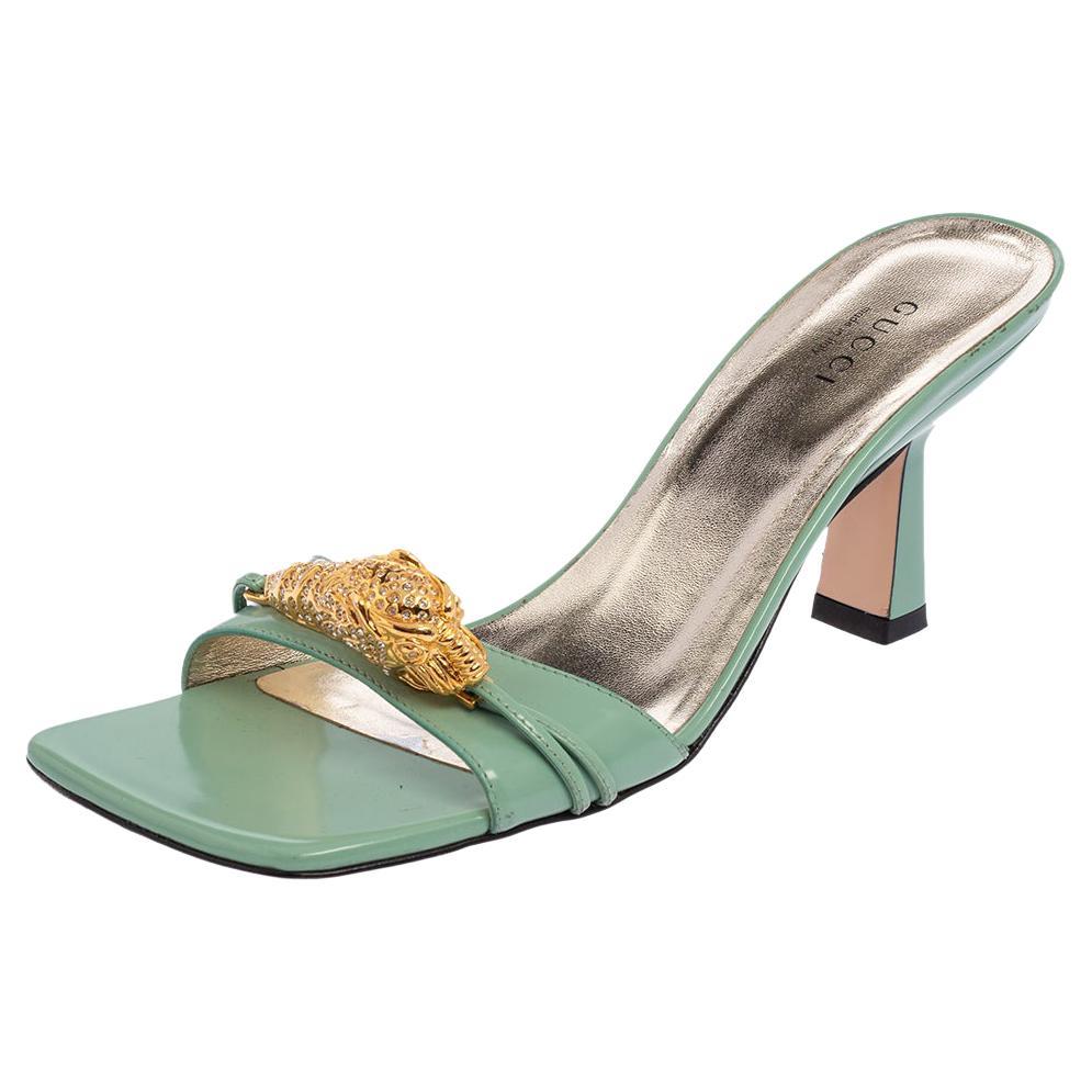 Gucci Green Glossy Leather Dora Open Toe Slide Sandals Size 37.5