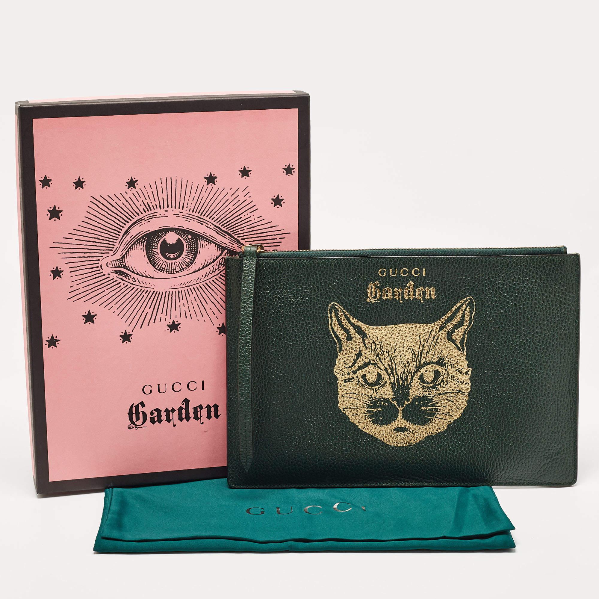 Gucci Green/Gold Leather Garden Cat Zip Pouch 13