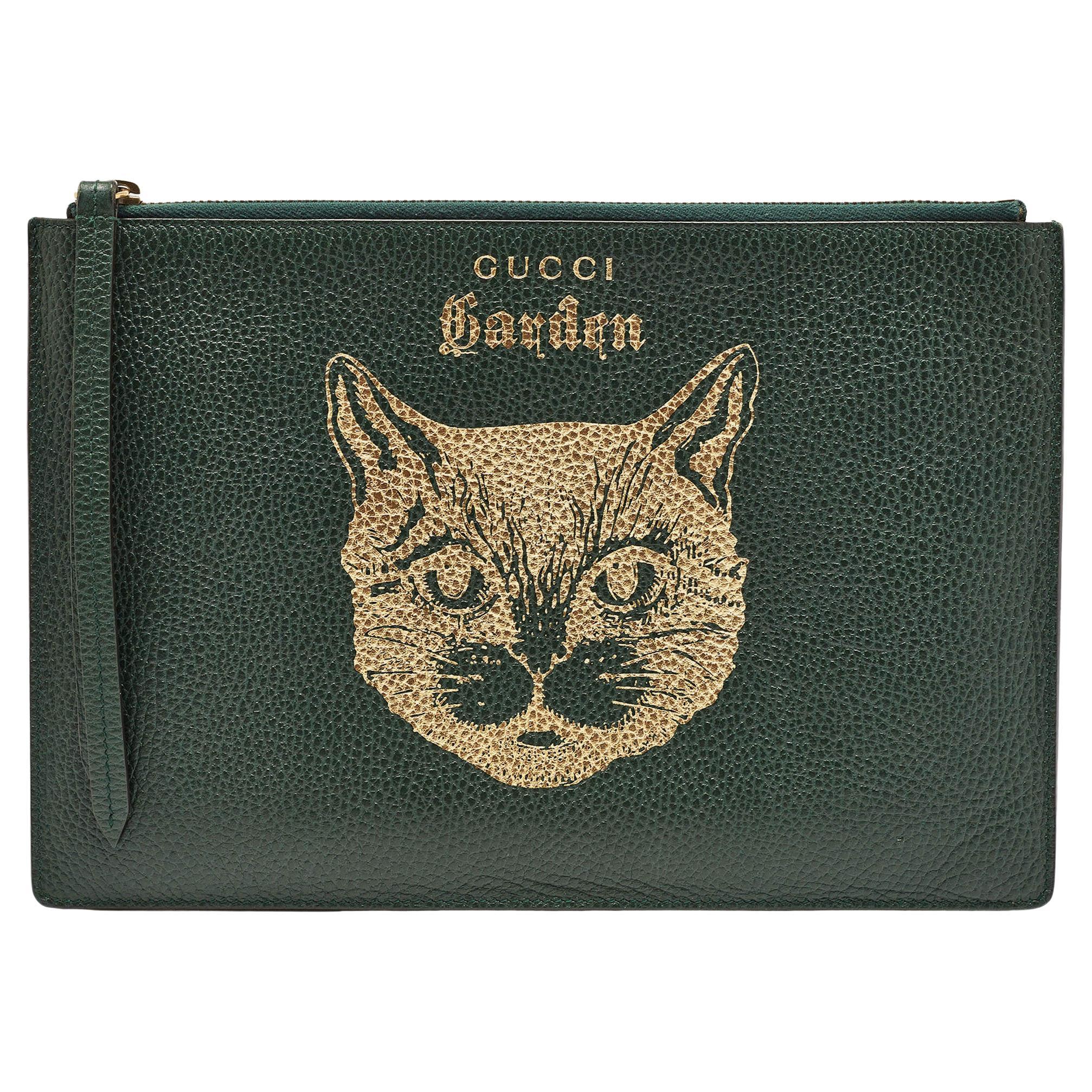 Gucci Grün/Gold Leder Garden Cat Zip Pouch
