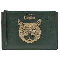 Gucci Grün/Gold Leder Garden Cat Zip Pouch