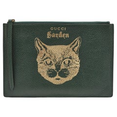 Gucci Green/Gold Leather Garden Cat Zip Pouch