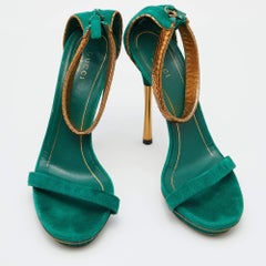 Gucci Green/Gold Suede and Snakeskin Leather Ankle Strap Sandals Size 37.5