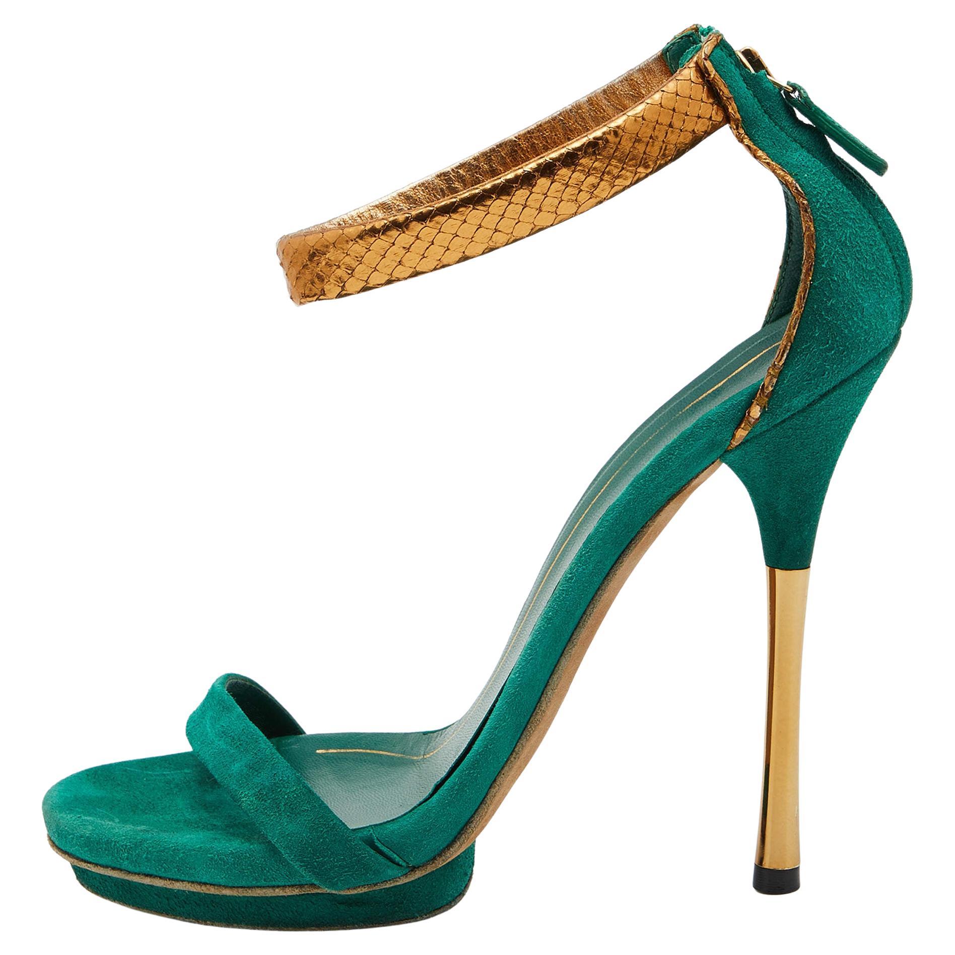 Gucci Green/Gold Suede and Snakeskin Leather Ankle Strap Sandals Size 37.5 For Sale