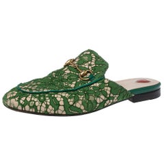 Used Gucci Green Lace Princetown Horsebit Mule Sandals Size 36.5
