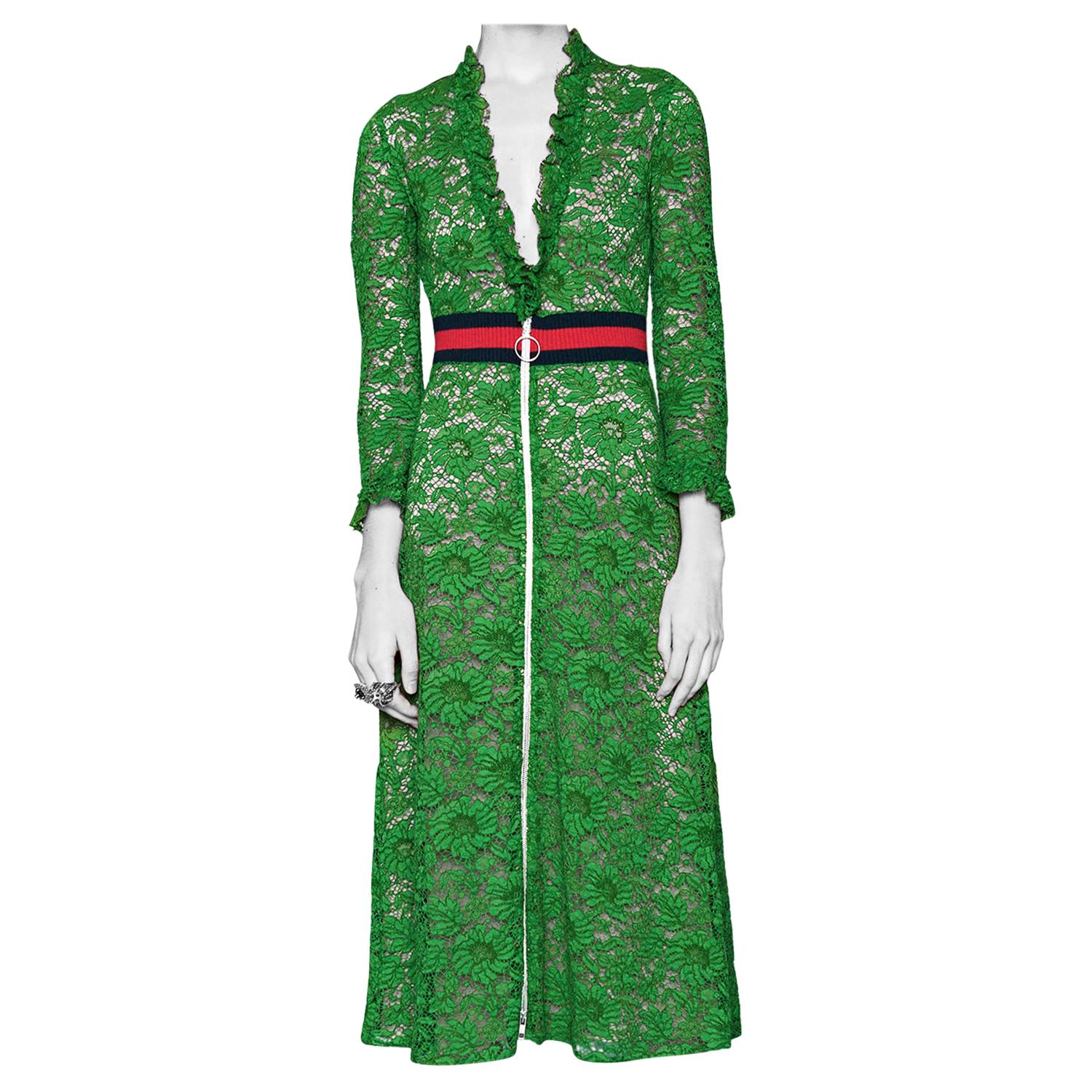 Gucci Green Lace Zip-Front Midi Dress 38