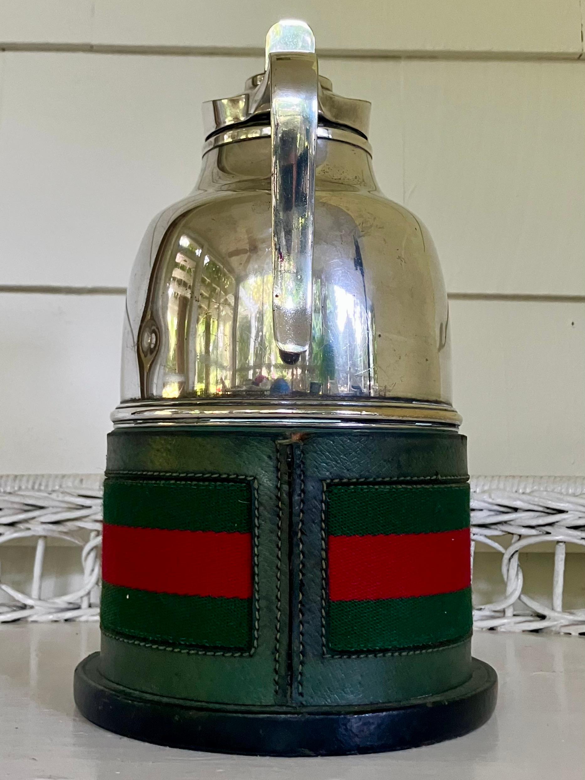 Gucci Green Leather and Silvered Metal Thermos Italiano en venta