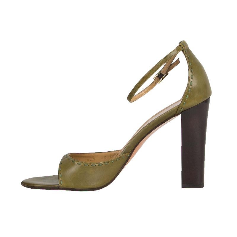 Brown GUCCI green leather ANKLE STRAP Sandals Shoes 40 C