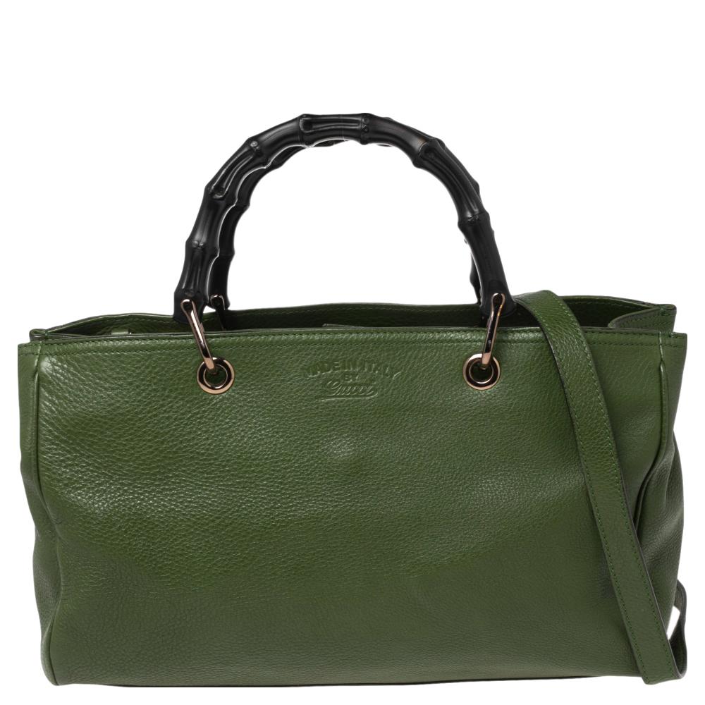 Gucci Green Leather Bamboo Shopper Tote Bag 7