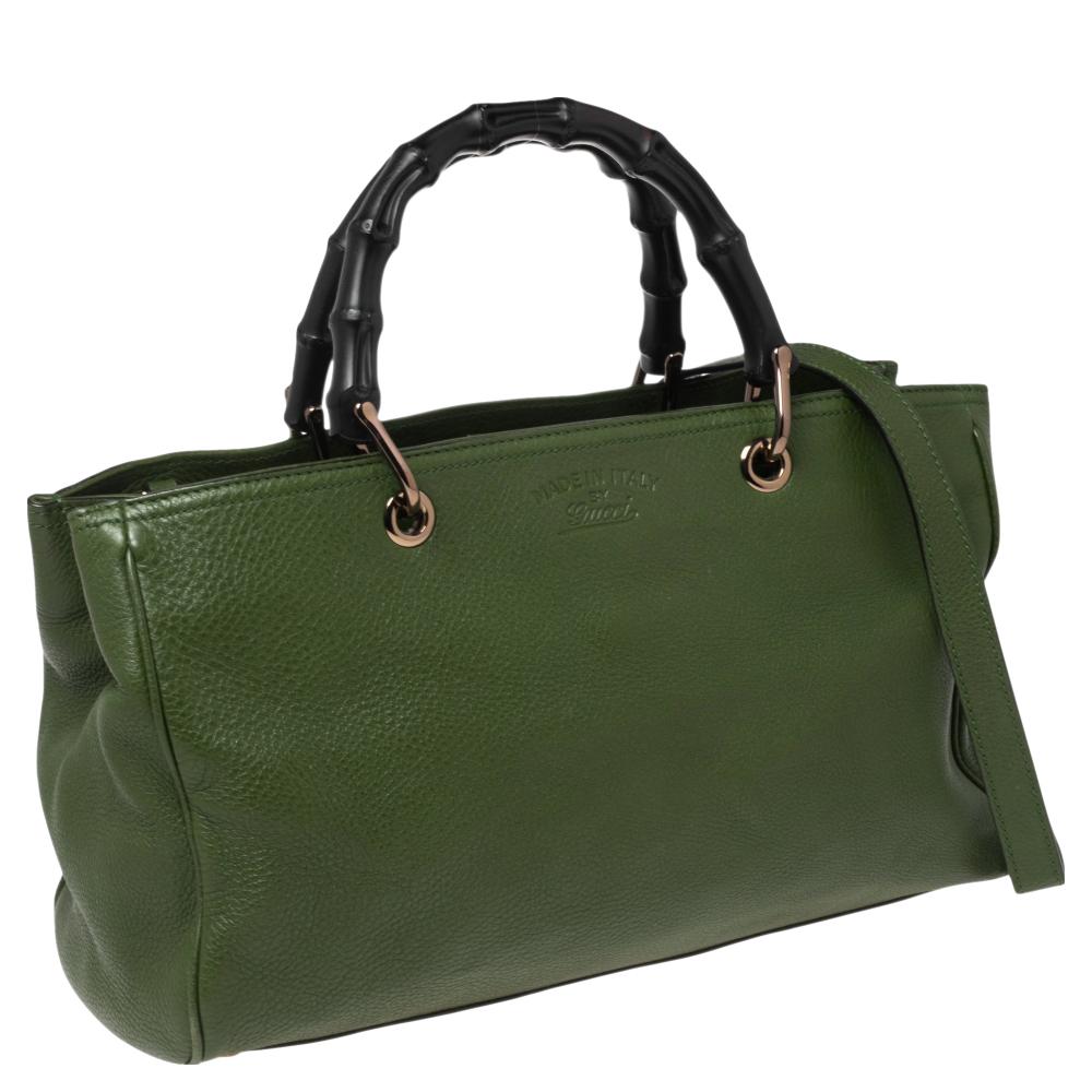 Gucci Green Leather Bamboo Shopper Tote Bag 4