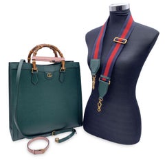 Gucci Green Leather Bamboo XL Princess Diana GG Tote Bag with Straps