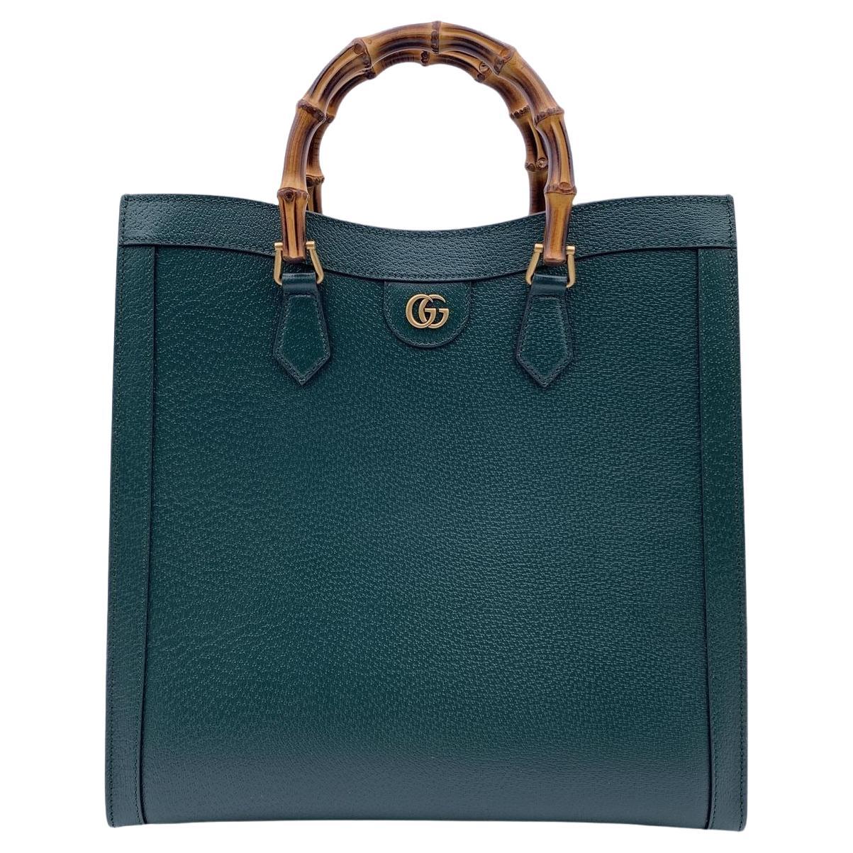 Gucci Green Leather Bamboo XL Princess Diana GG Tote Bag with Straps