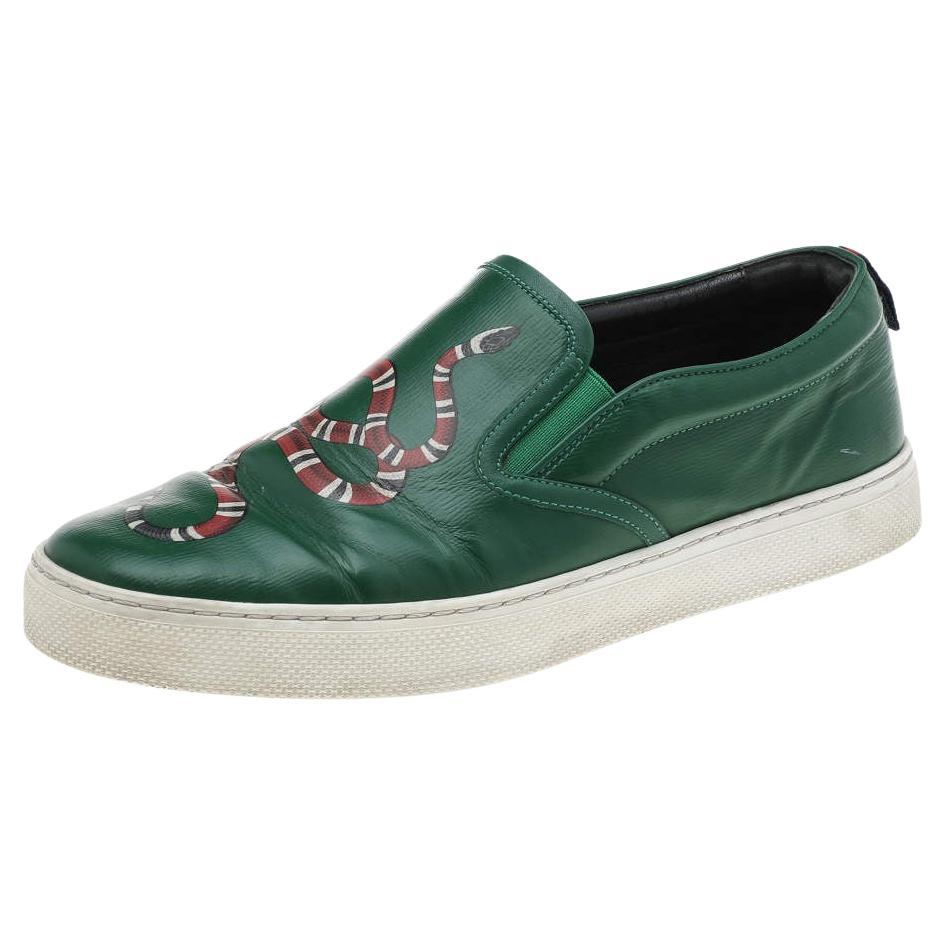 Gucci Green Leather Dublin Snake Print Slip On Sneakers Size 42 For Sale