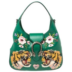 Gucci Green Leather Embroidered Tiger Head Large Dionysus Hobo