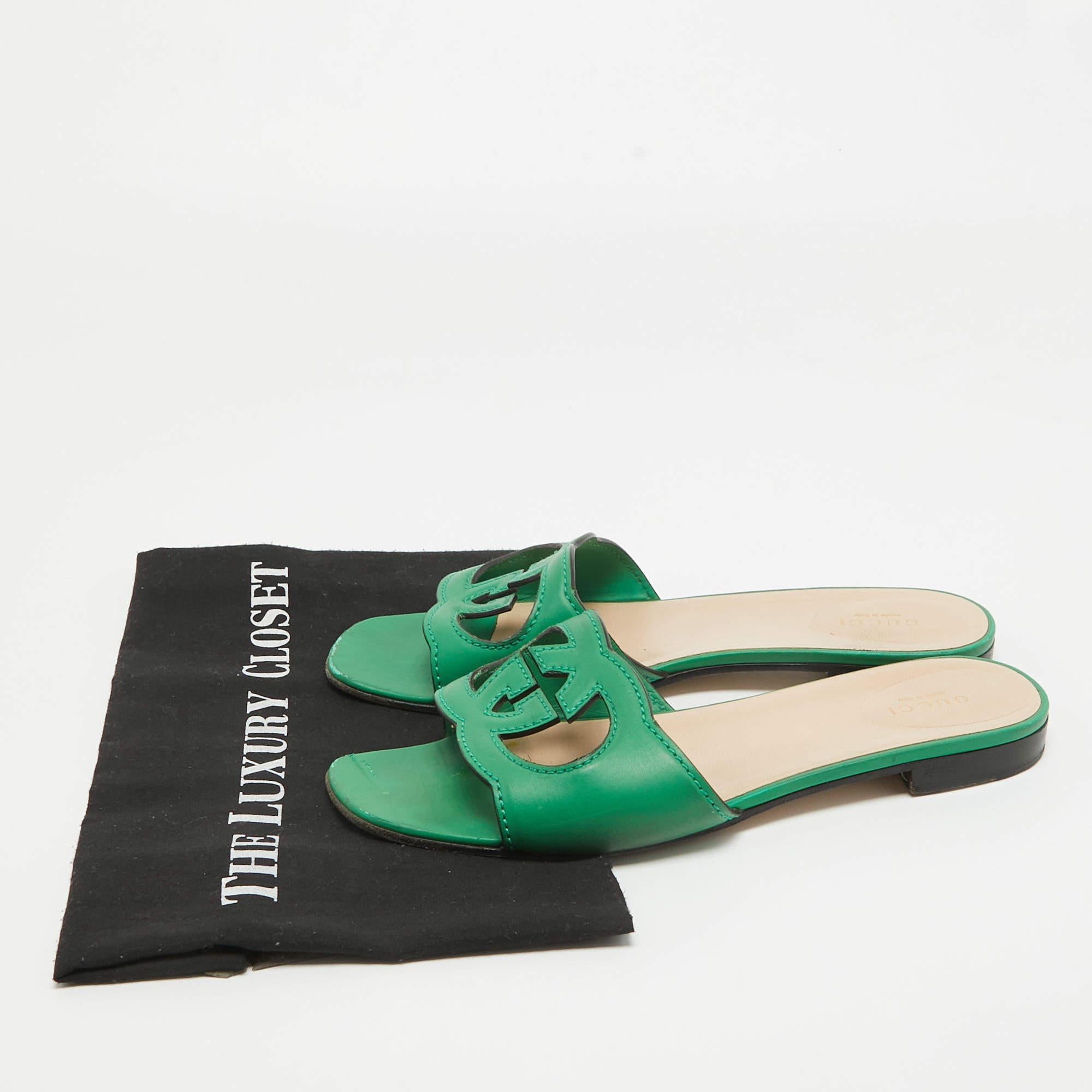 Gucci Green Leather GG Flat Slides Size 39.5 For Sale 6
