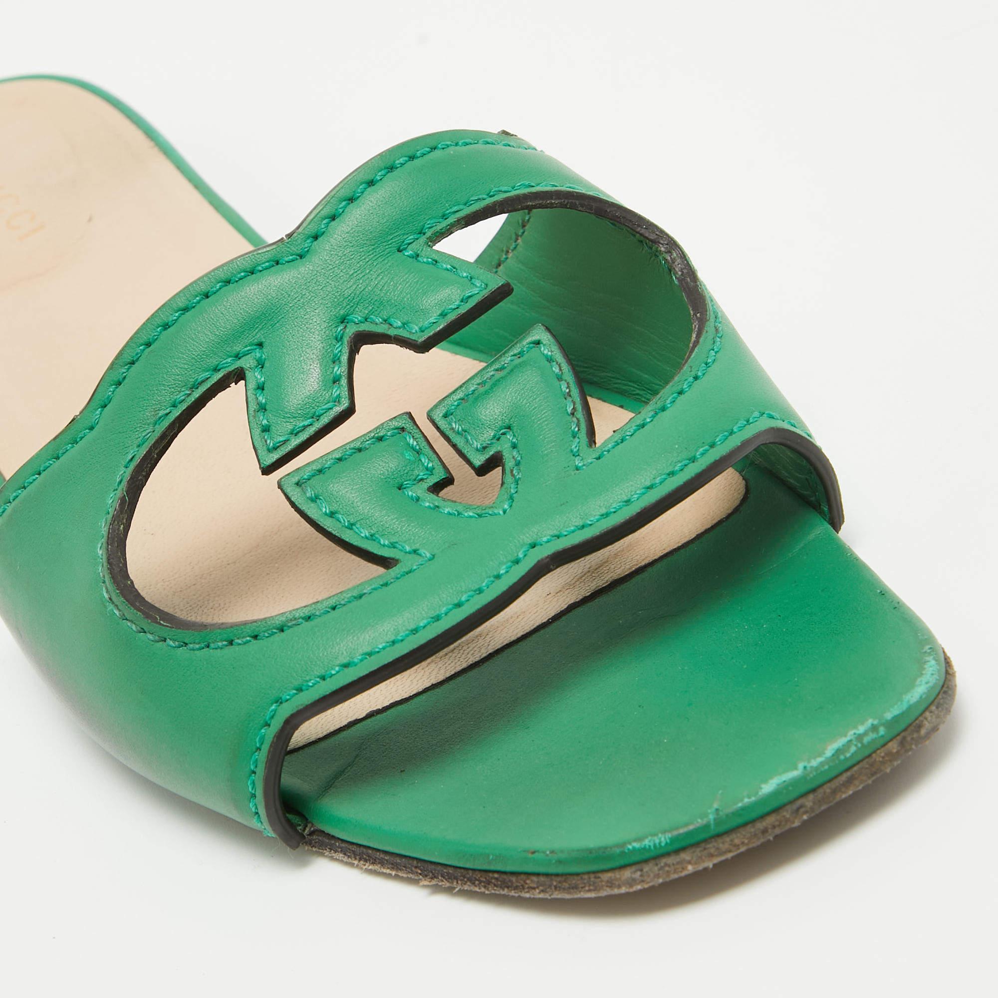Gucci Green Leather GG Flat Slides Size 39.5 For Sale 2