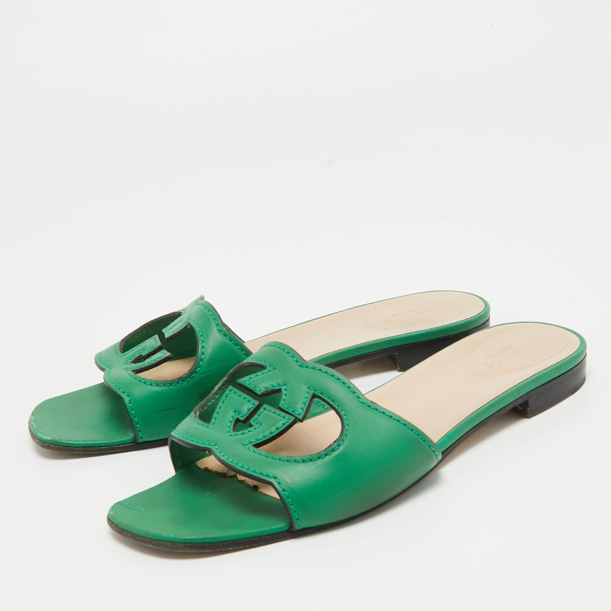 Gucci Green Leather GG Flat Slides Size 39.5 For Sale 5