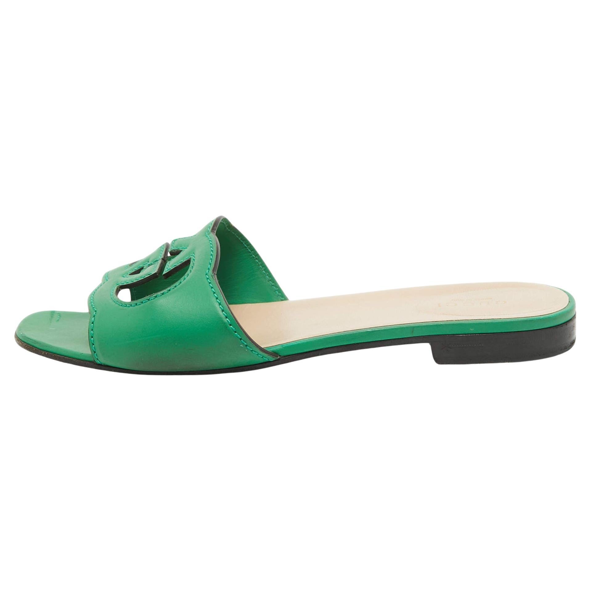 Gucci Green Leather GG Flat Slides Size 39.5 For Sale