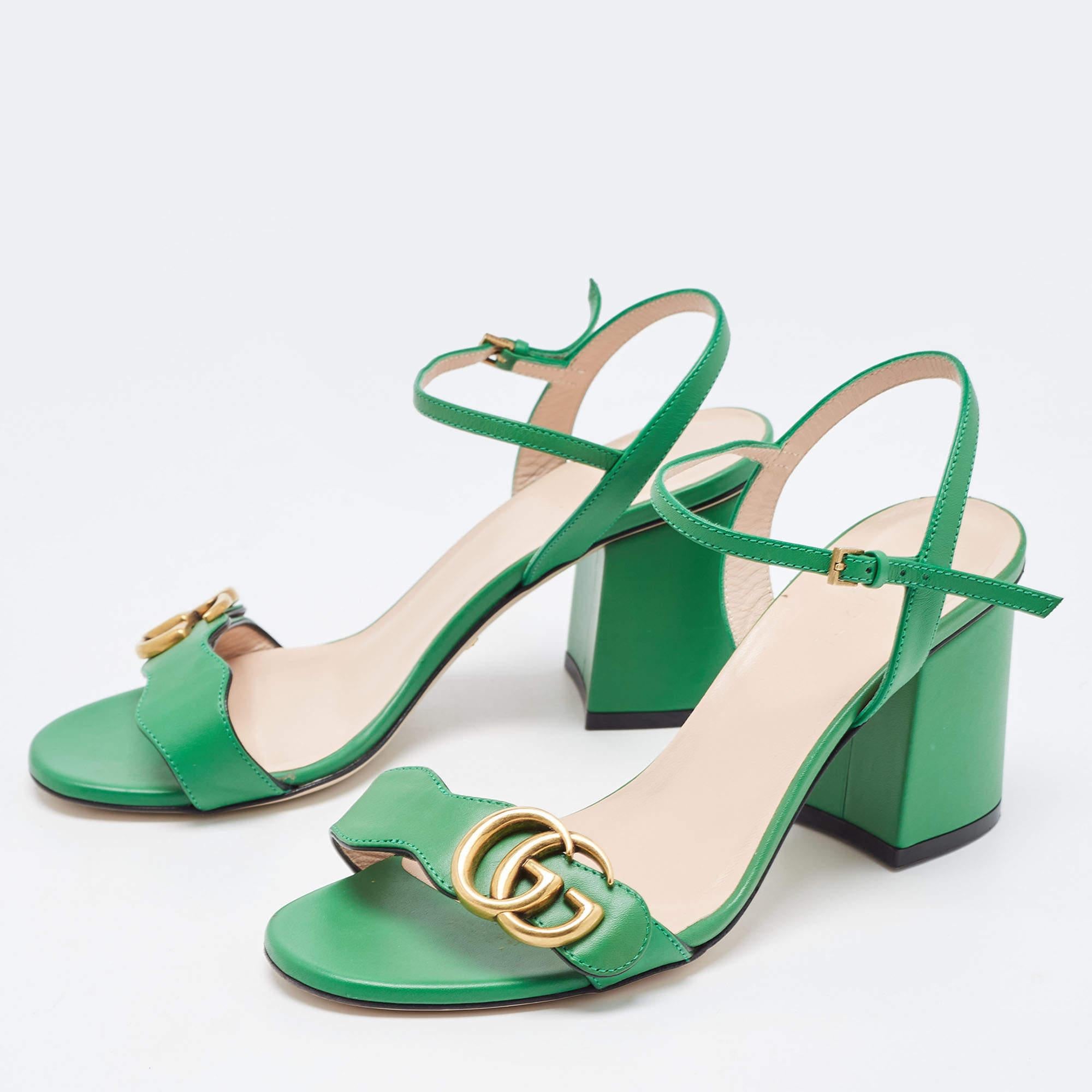 Gucci Green Leather GG Marmont Block Heel Ankle Strap Sandals Size 36 In Good Condition In Dubai, Al Qouz 2