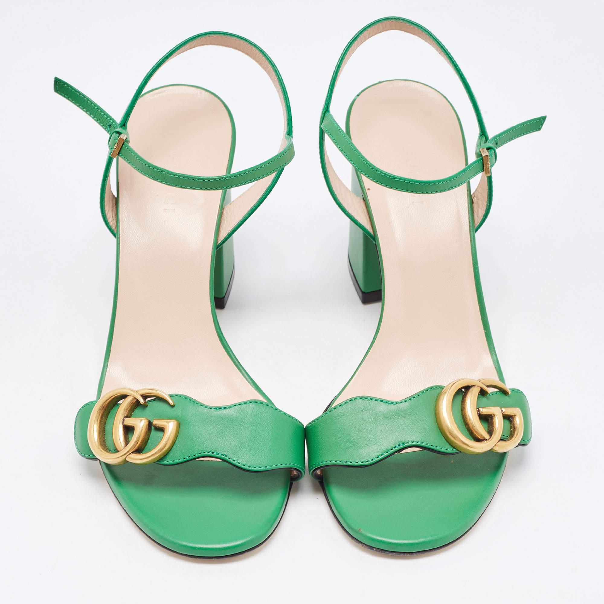 Women's Gucci Green Leather GG Marmont Block Heel Ankle Strap Sandals Size 36