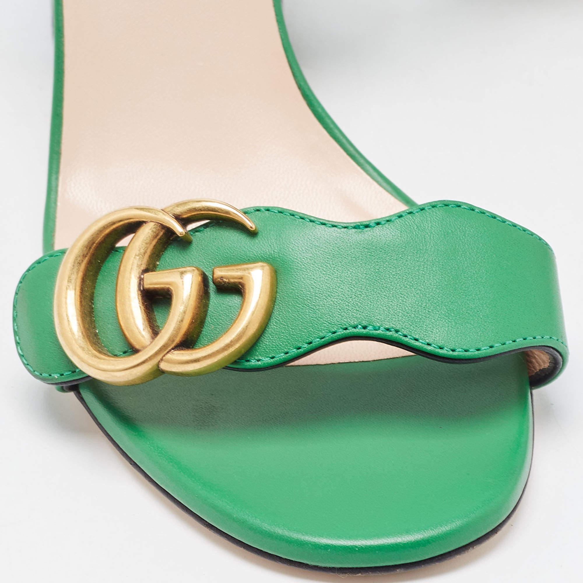 Gucci Green Leather GG Marmont Block Heel Ankle Strap Sandals Size 36 5