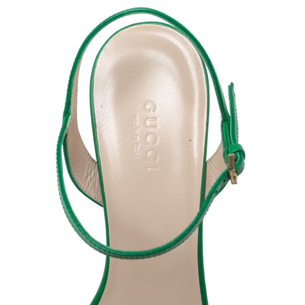 Gucci Green Leather GG Marmont Block Heel Ankle Strap Sandals Size 37.5 In New Condition In Dubai, Al Qouz 2