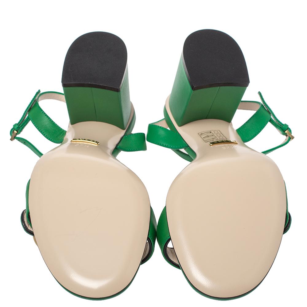 Women's Gucci Green Leather GG Marmont Block Heel Ankle Strap Sandals Size 37.5