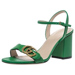 Gucci Green Leather GG Marmont Block Heel Ankle Strap Sandals Size 37.5