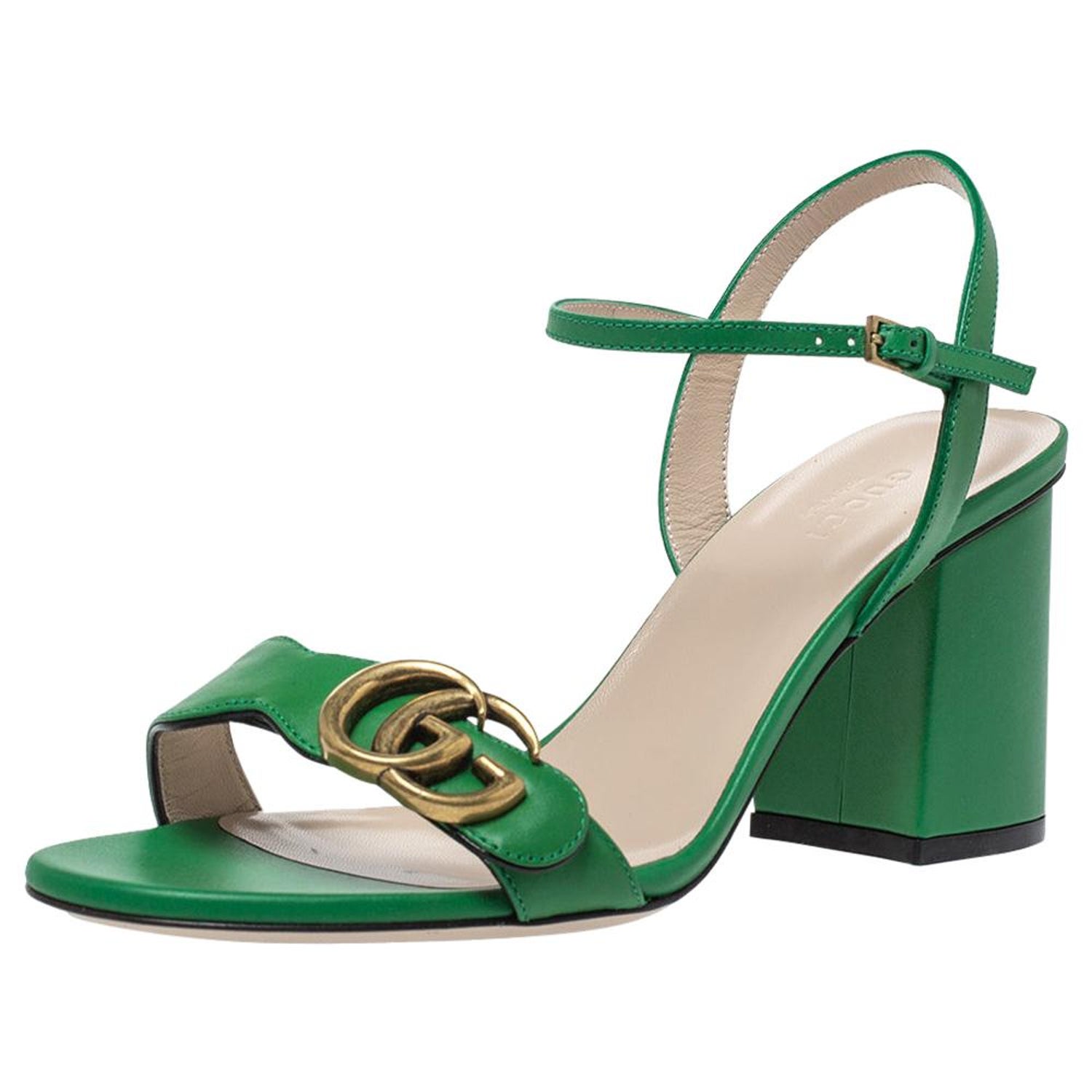 Gucci Green Leather GG Marmont Block Heel Ankle Strap Sandals Size 37.5 at  1stDibs