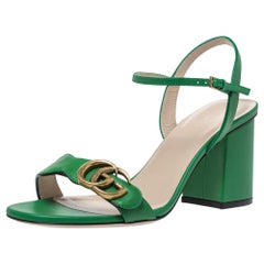 Gucci Green Leather GG Marmont Block Heel Ankle Strap Sandals Size 37.5