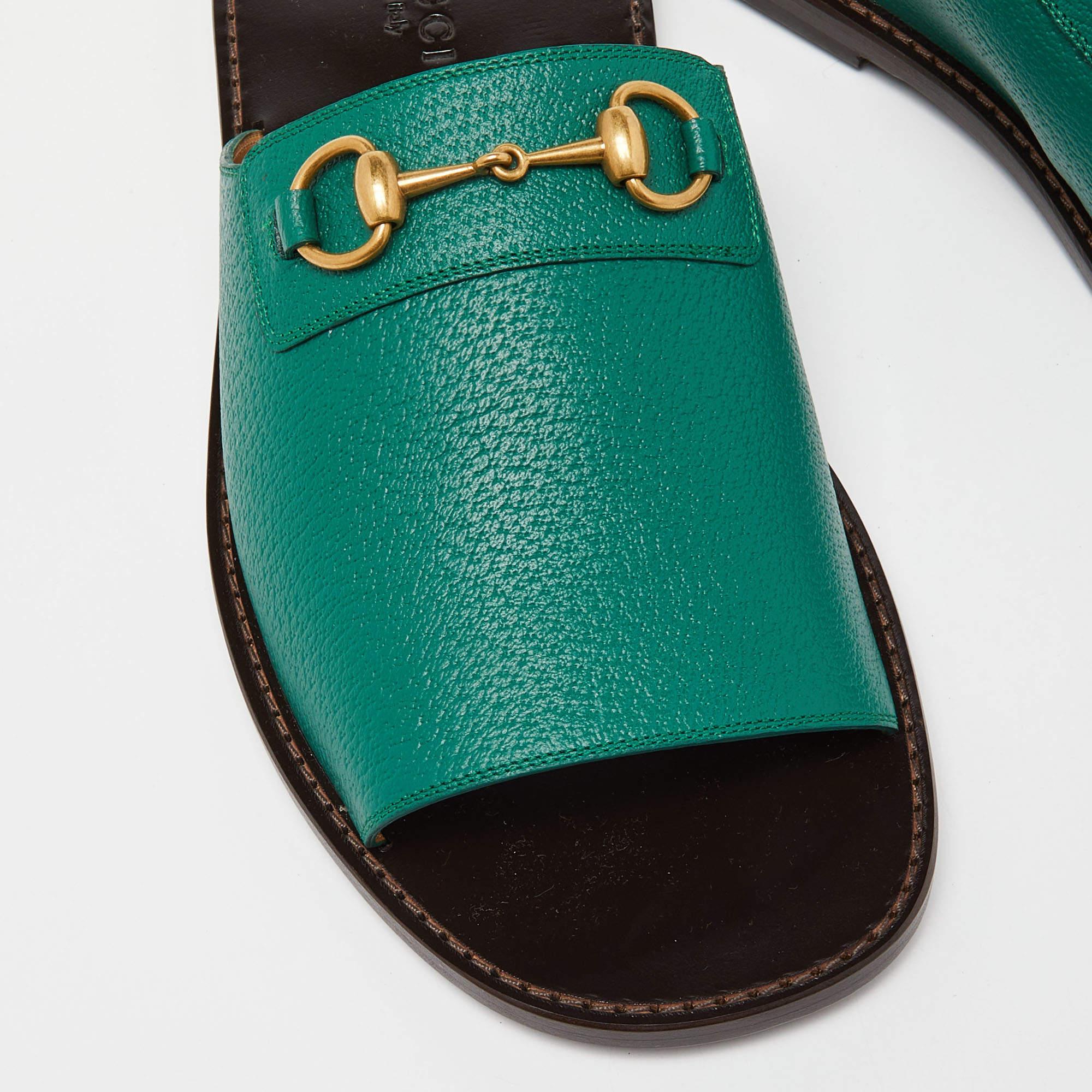 Men's Gucci Green Leather Horsebit Flat Slides 