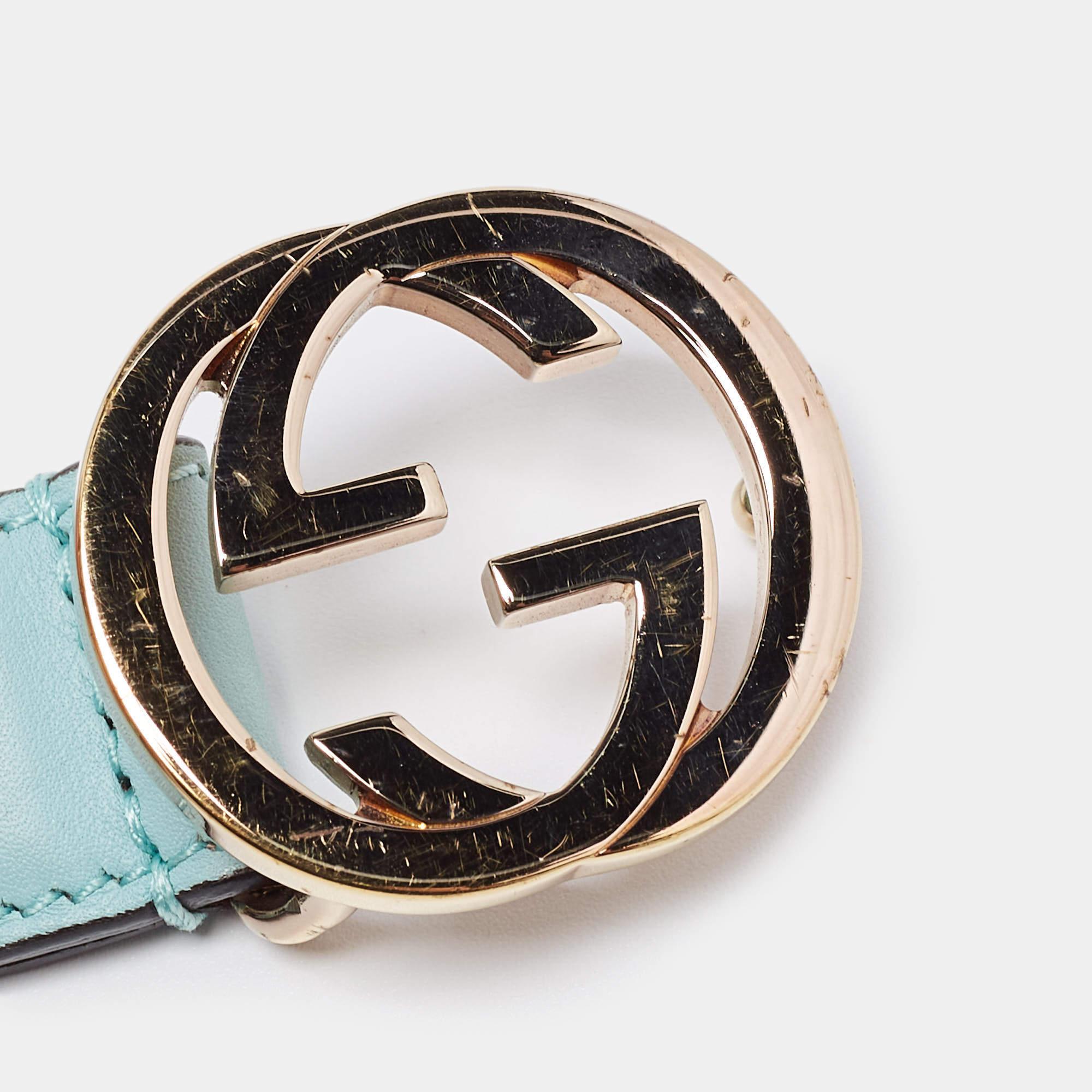 Women's Gucci Green Leather Interlocking G Buckle Slim Belt 85CM For Sale