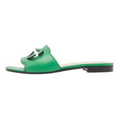 Gucci Green Leather Interlocking G Cut Out Flat Slides Size 35.5