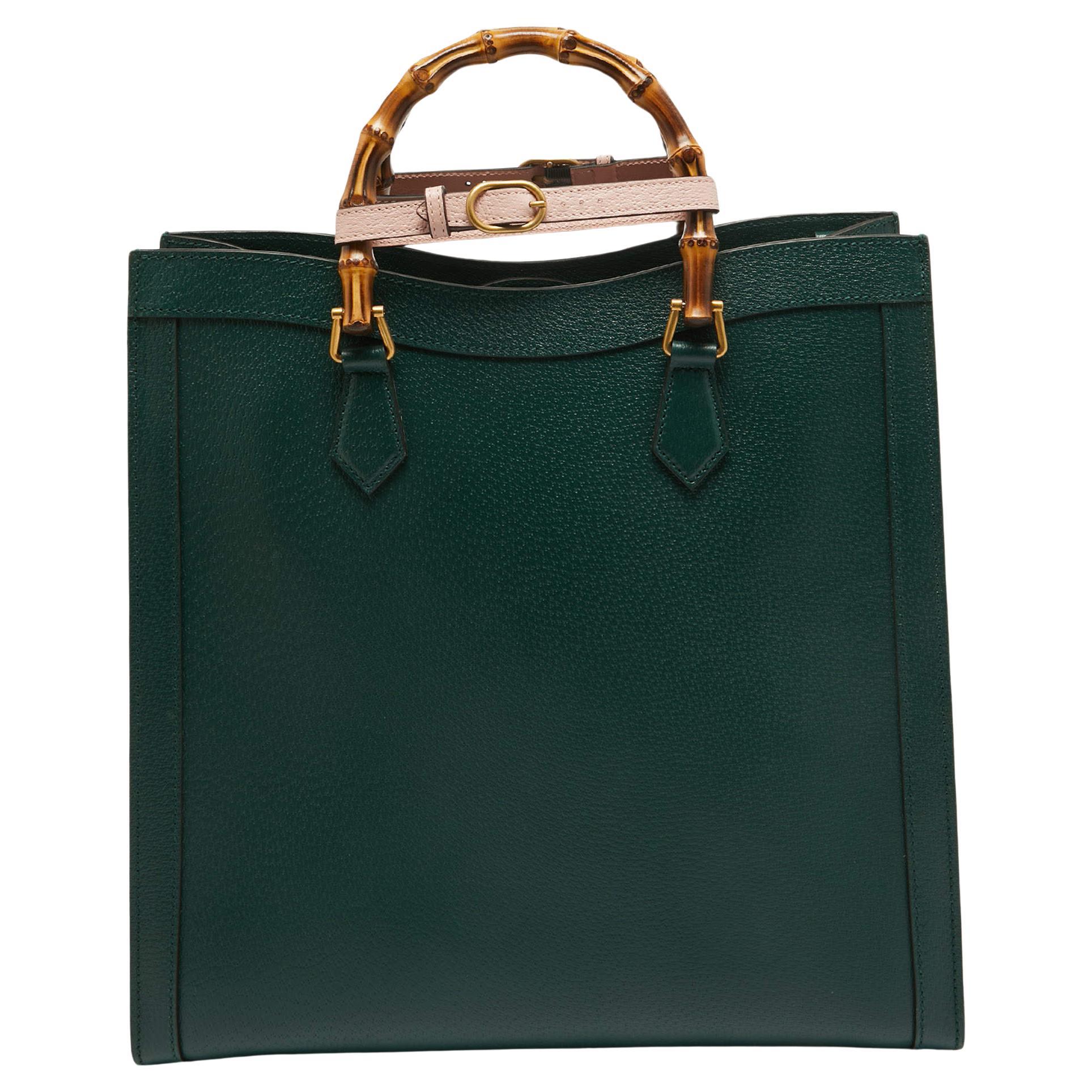 Gucci Green Leather Large Bamboo Diana Tote For Sale