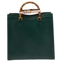 Used Gucci Green Leather Large Bamboo Diana Tote